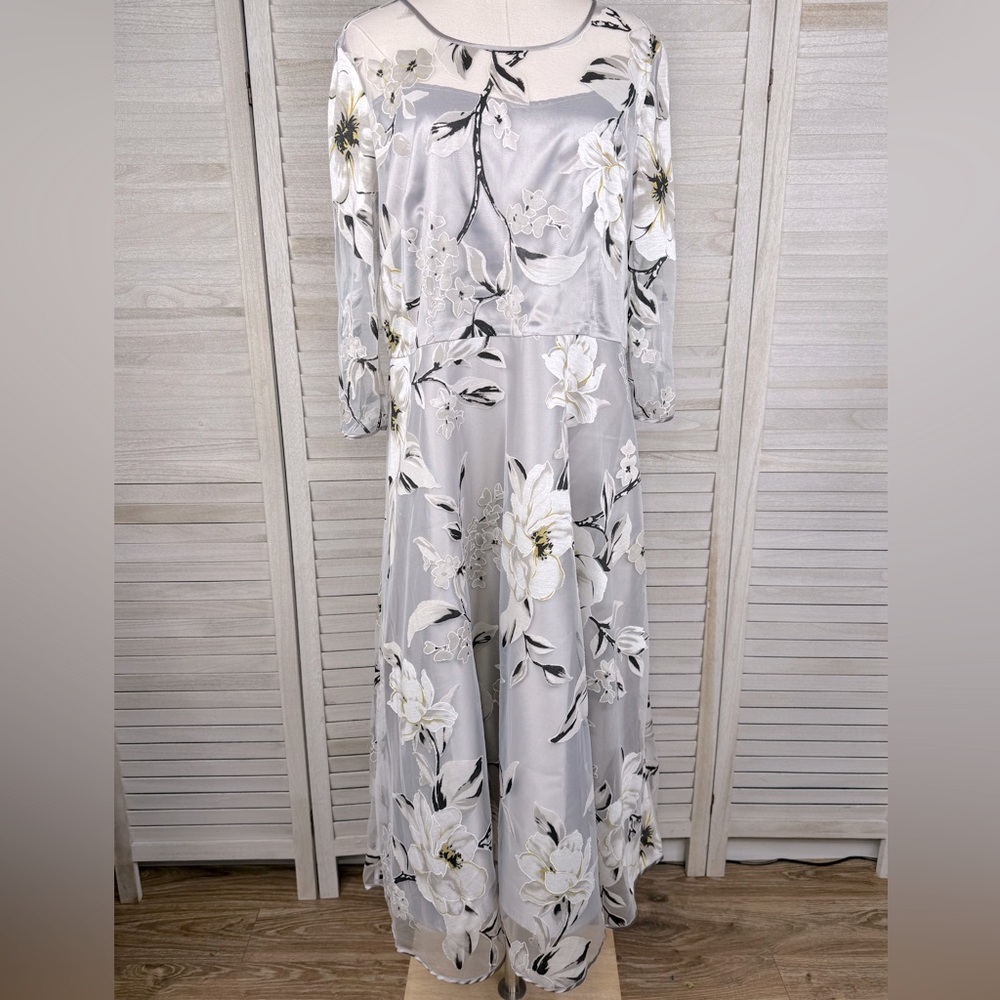 TENDENCY Women's Long Formal Silver Dress with Sheer Floral Overlay-XL